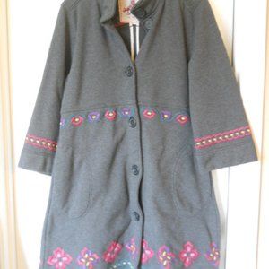 Beautiful JOHNNY WAS Coat, Gray/Charcoal, Pink Floral Embroidery, Size L, EUC